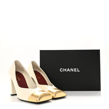 Chanel Lambskin Metallic Crackled Calfskin Square Cap Toe Pumps 39.5 Ivory Gold 10 of 10