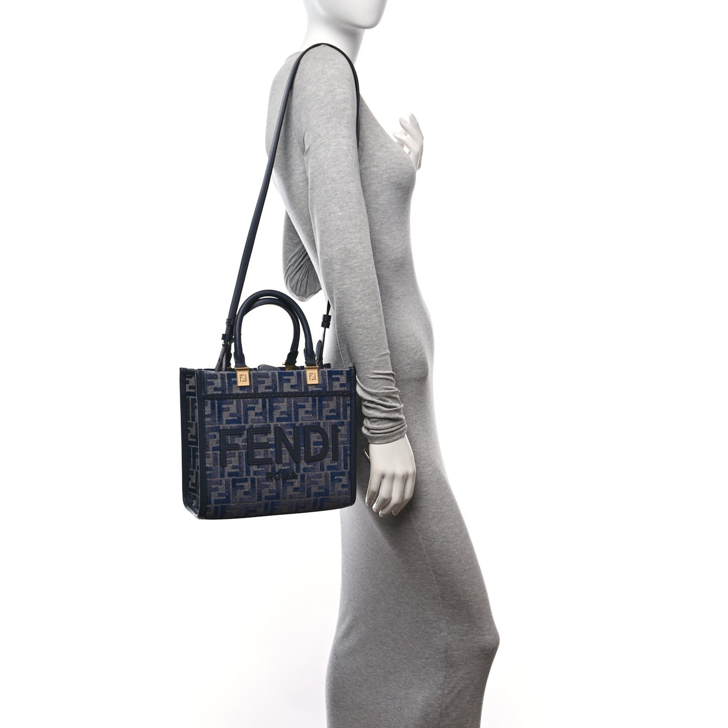 Chenille Vitello Grace FF Embroidered Small Fendi Sunshine Shopper Tote Dark Blue Grey