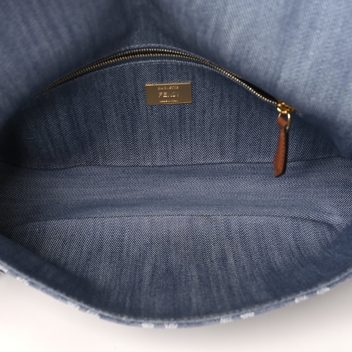 Denim Vitello Fringe FF Embroidered Baguette Myrtle Dark Nut