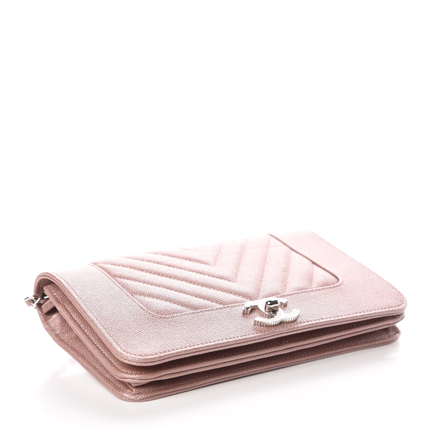 Chanel Metallic Caviar Chevron Quilted Vintage Mademoiselle Wallet On Chain WOC Pink 4 of 11