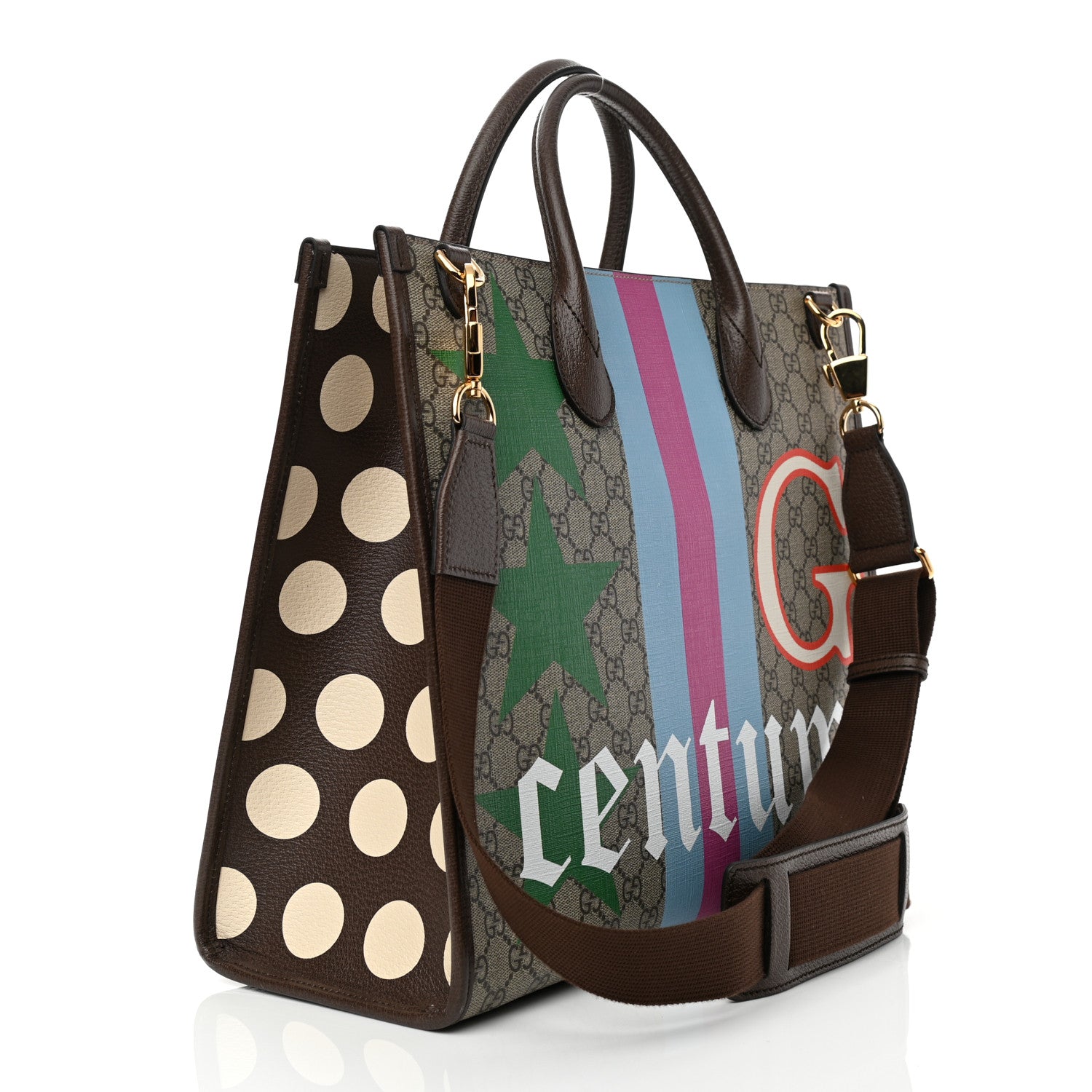 Gucci GG Supreme Monogram Textured Dollar Calfskin Equestrian Medium Retro Interlocking G Tote Bag Beige Ebony Multicolor New Acero 3 of 8