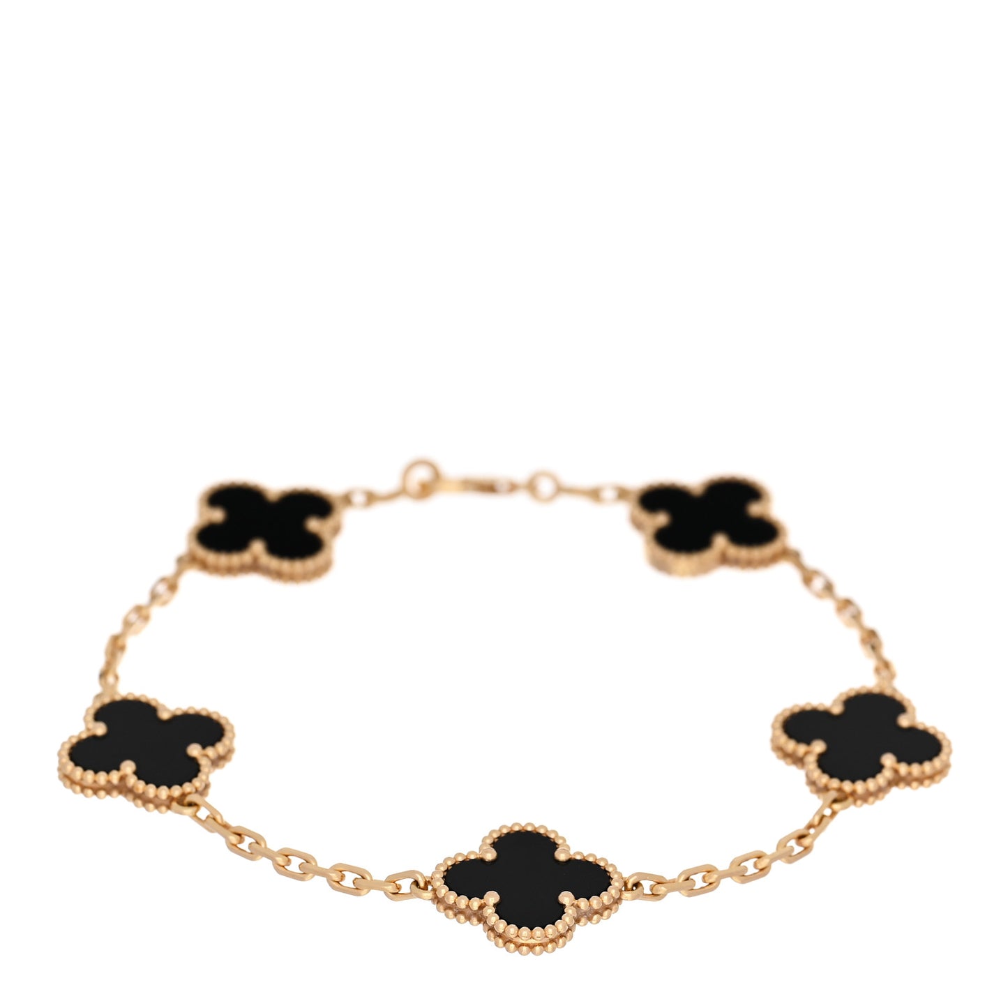 18K Yellow Gold Black Onyx 5 Motifs Vintage Alhambra Bracelet
