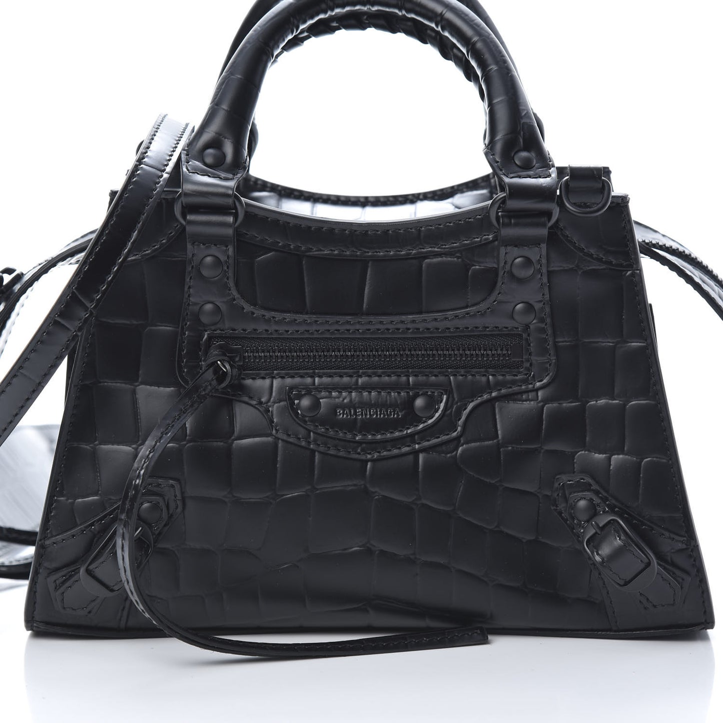Semi Shiny Calfskin Crocodile Embossed Neo Classic Black Hardware Mini City Black