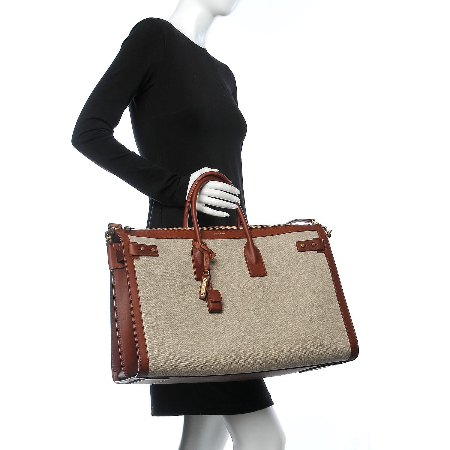 Saint Laurent Linen Calfskin Souple Sac De Jour 48H Duffle Cognac 3 of 12