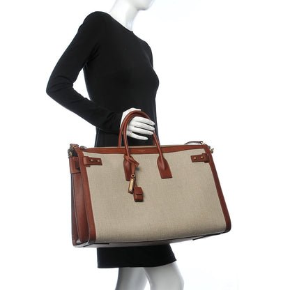 Saint Laurent Linen Calfskin Souple Sac De Jour 48H Duffle Cognac 3 of 12