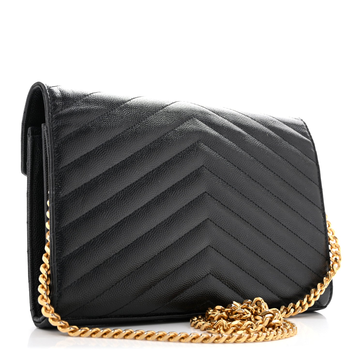 Saint Laurent Grain De Poudre Matelasse Chevron Monogram Chain Wallet Black 2 of 14