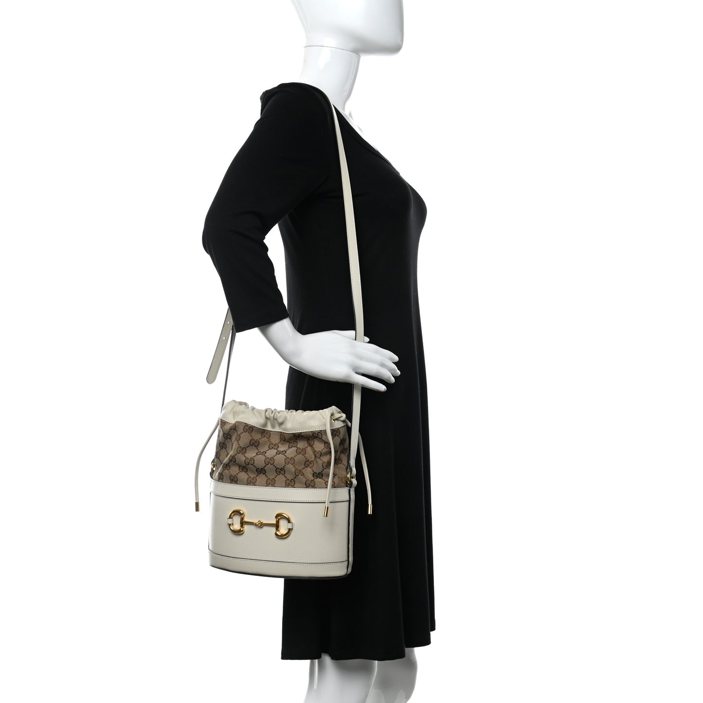 Monogram Textured Calfskin Horsebit 1955 Drawstring Bucket Bag Beige Mystic White