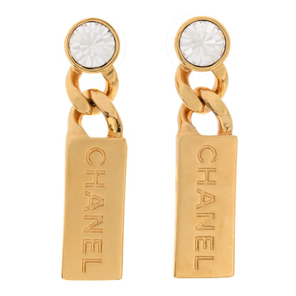 Chanel Crystal Tag Drop Earrings Gold 1 of 4