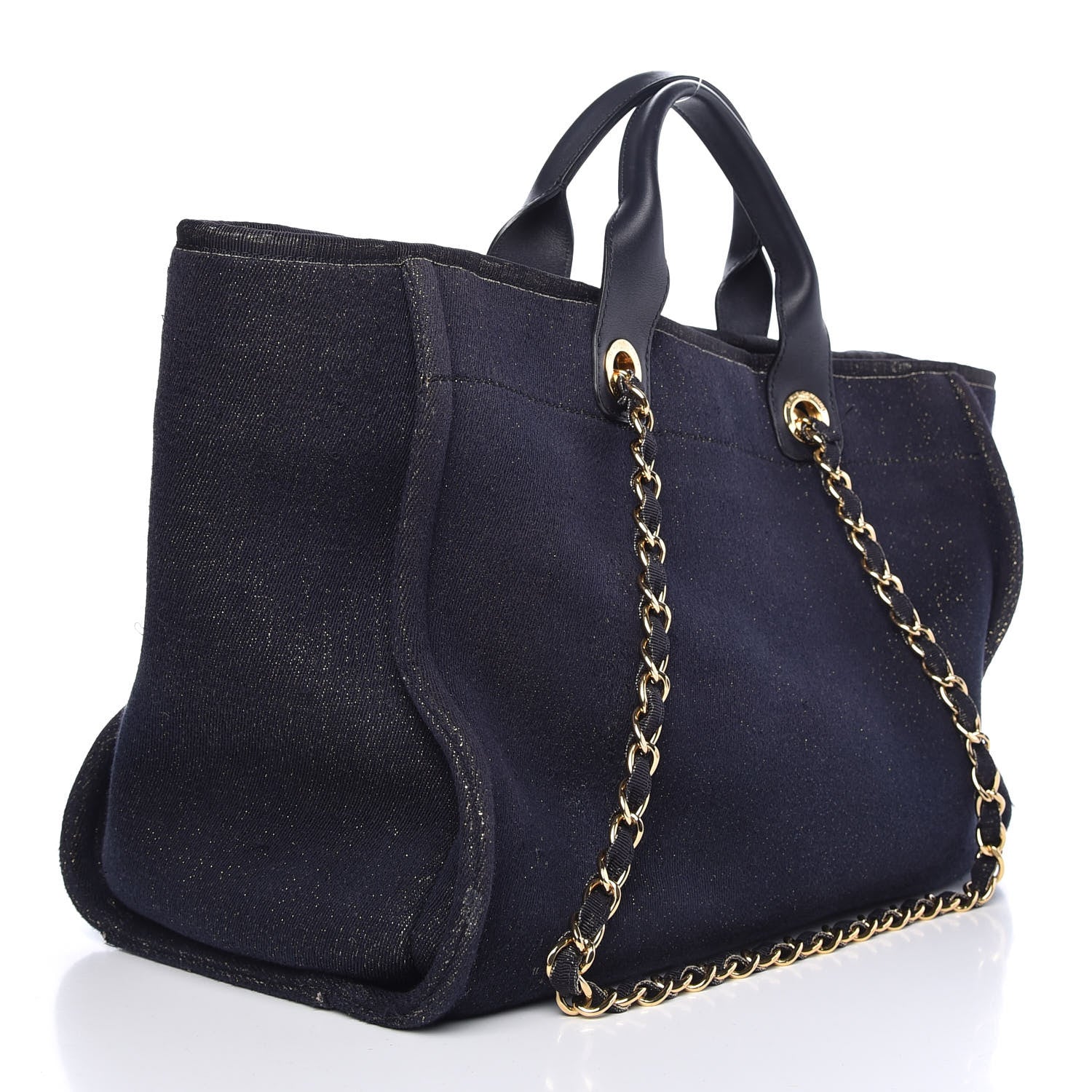 Chanel Lurex Canvas Medium Deauville Tote Navy Blue Gold 3 of 9
