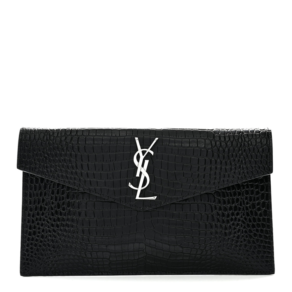 Calfskin Crocodile Embossed Uptown Monogram Clutch Black