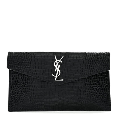 Saint Laurent Calfskin Crocodile Embossed Uptown Monogram Clutch Black 1 of 9