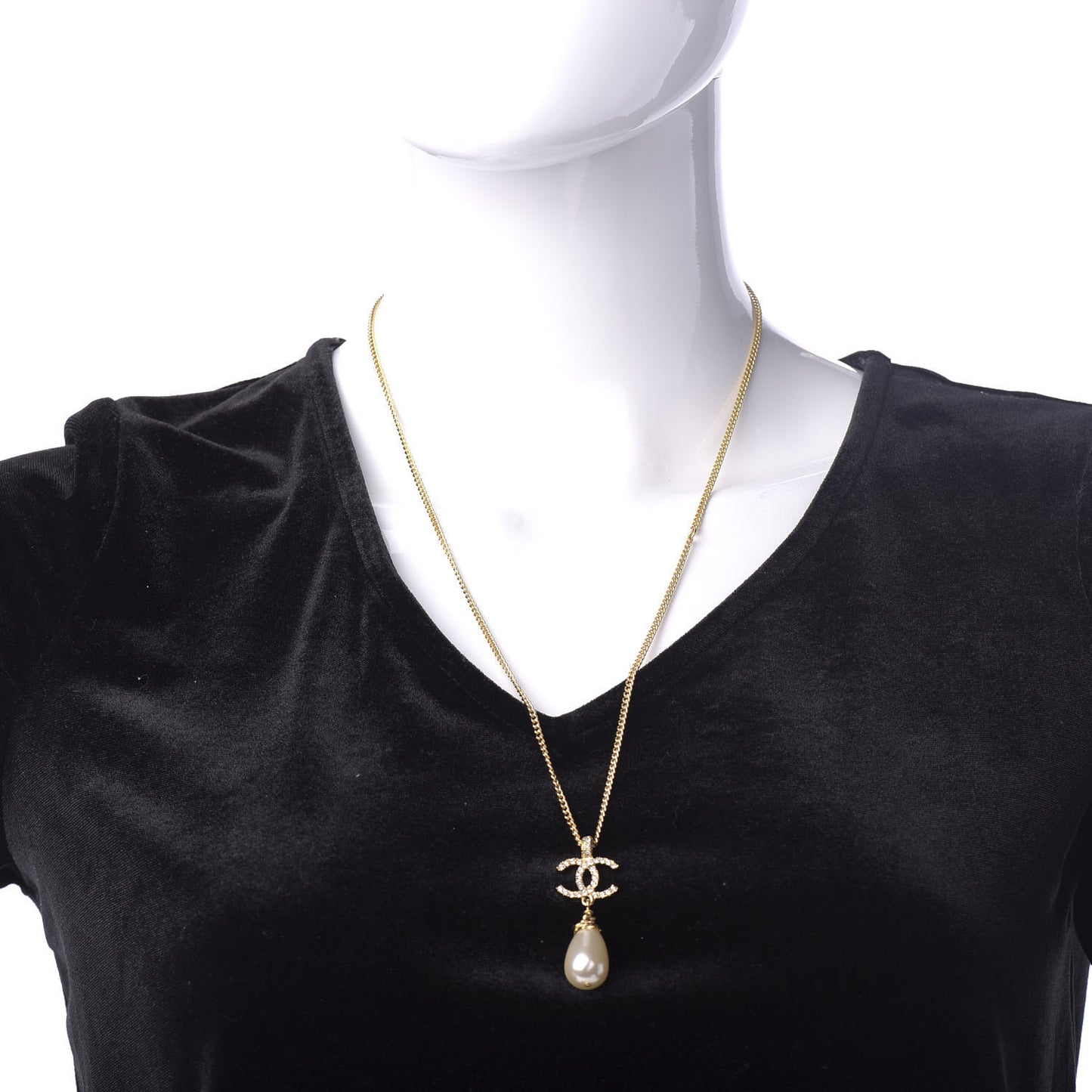 Pearl Crystal Twisted CC Drop Necklace Gold