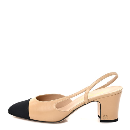 Chanel Lambskin Grosgrain Cap Toe CC Slingback Pumps 40 Beige Black 1 of 8