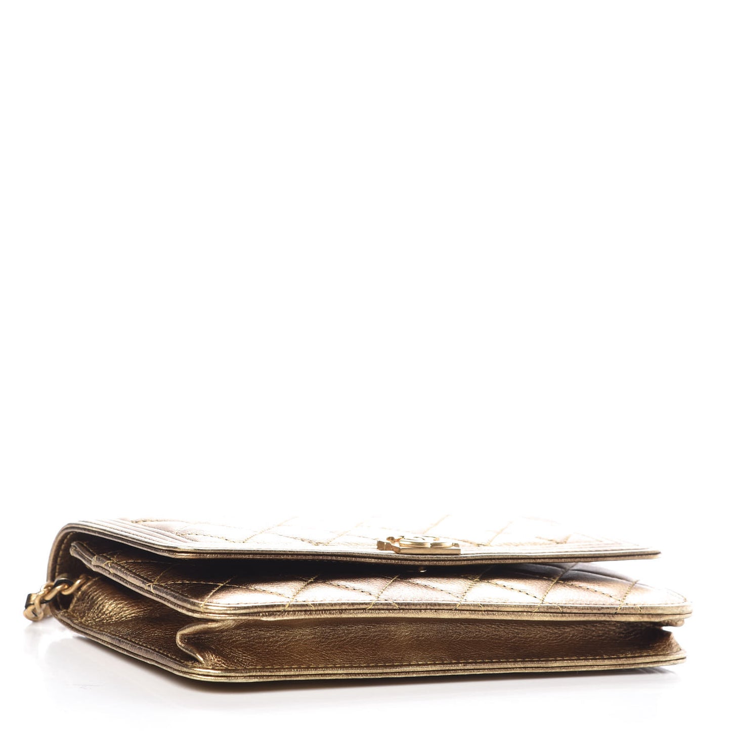Metallic Calfskin Quilted Boy Wallet On Chain WOC Gold