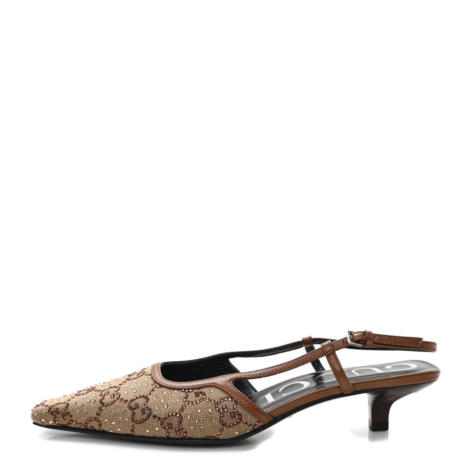 Gucci GG Monogram Malaga Kid Crystal Square G 35mm Slingback Pumps 36 Camel Ebony Cuir 1 of 9