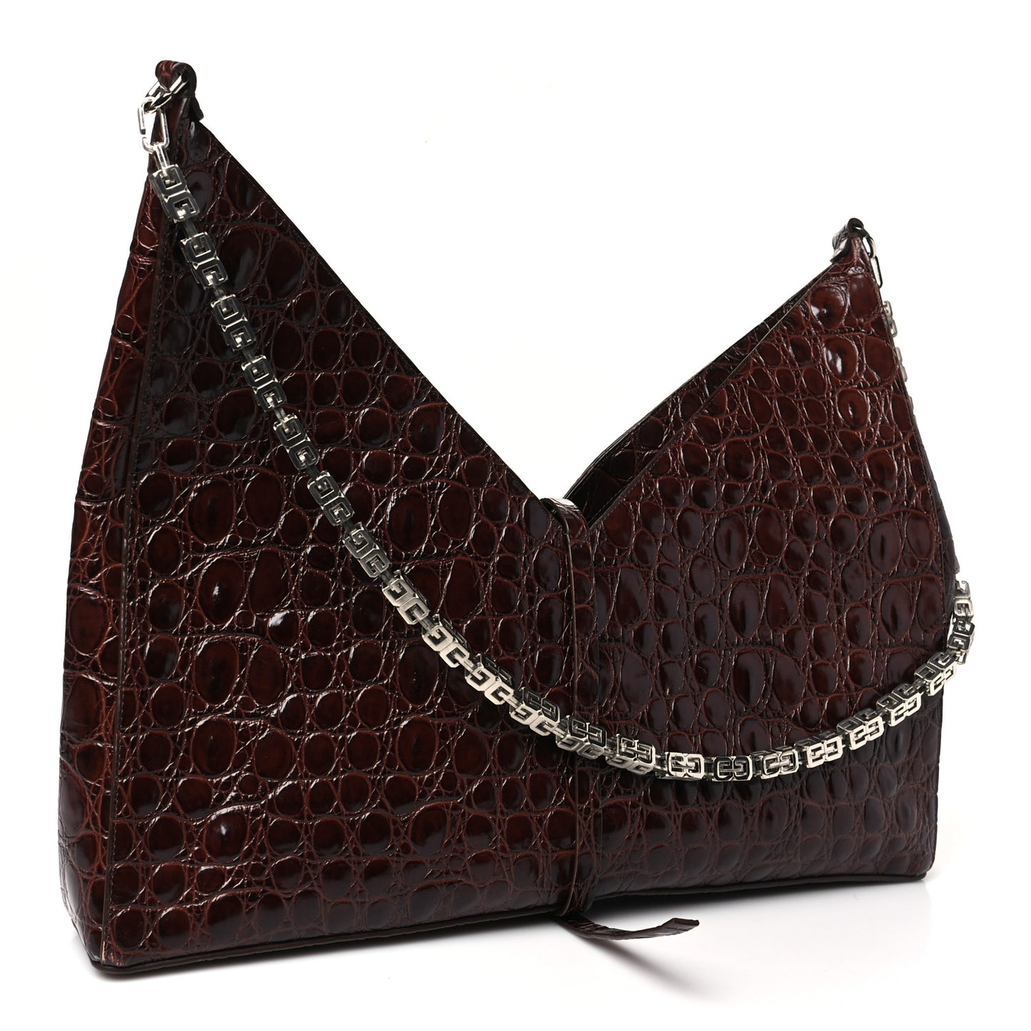 Calfskin Crocodile Embossed Large Cut Out Shoulder Bag Brown