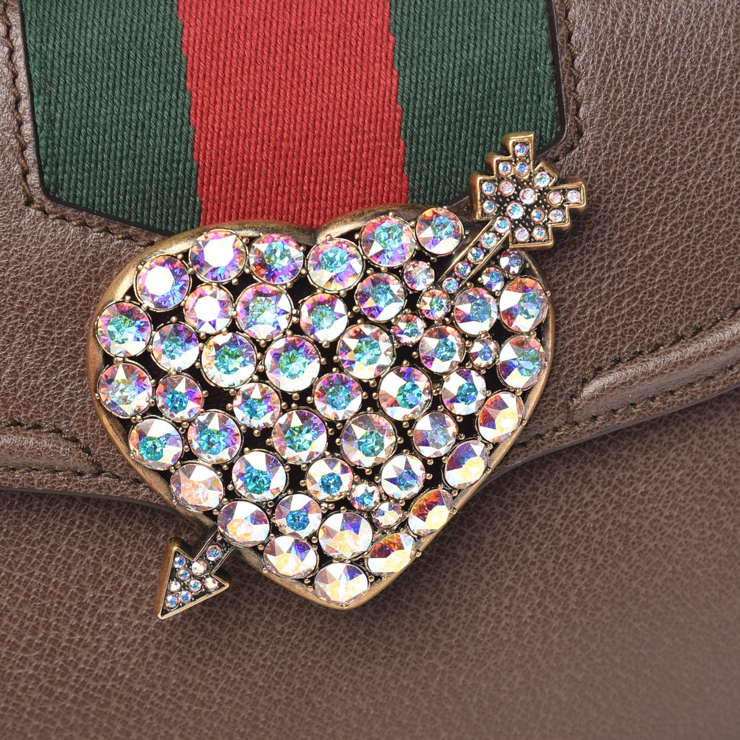Textured Calfskin Web Crystal Heart Stripe Small Totem Shoulder Bag New Acero