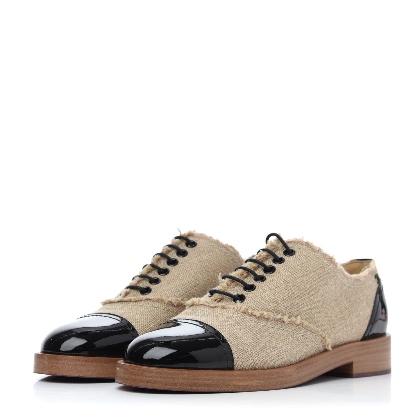 Fabric Patent Calfskin Lace Up Cap Toe Oxfords 39.5 Beige Black