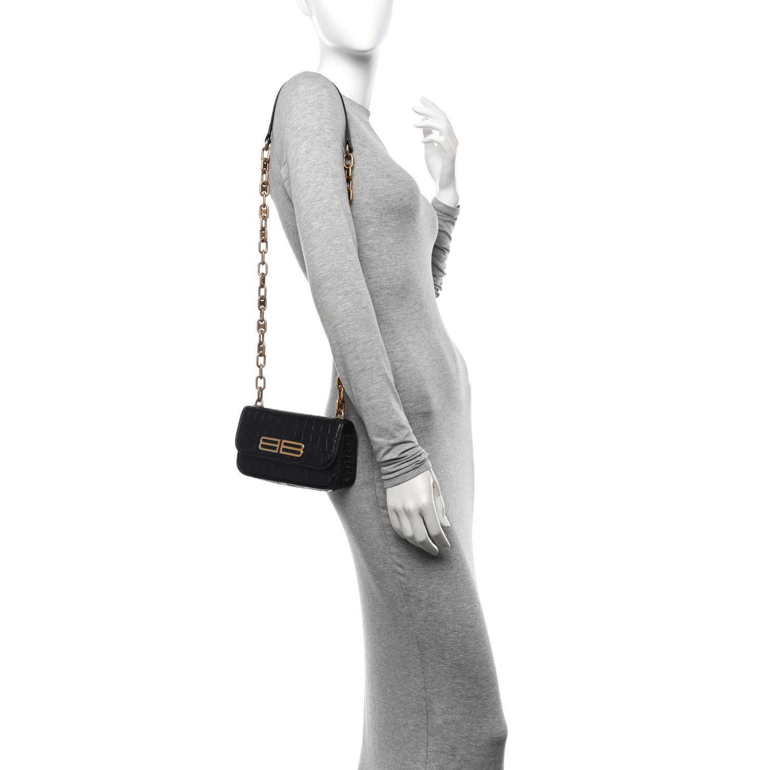 Balenciaga Extra Supple Calfskin Crocodile Embossed Gossip Wallet On Chain Black 2 of 11