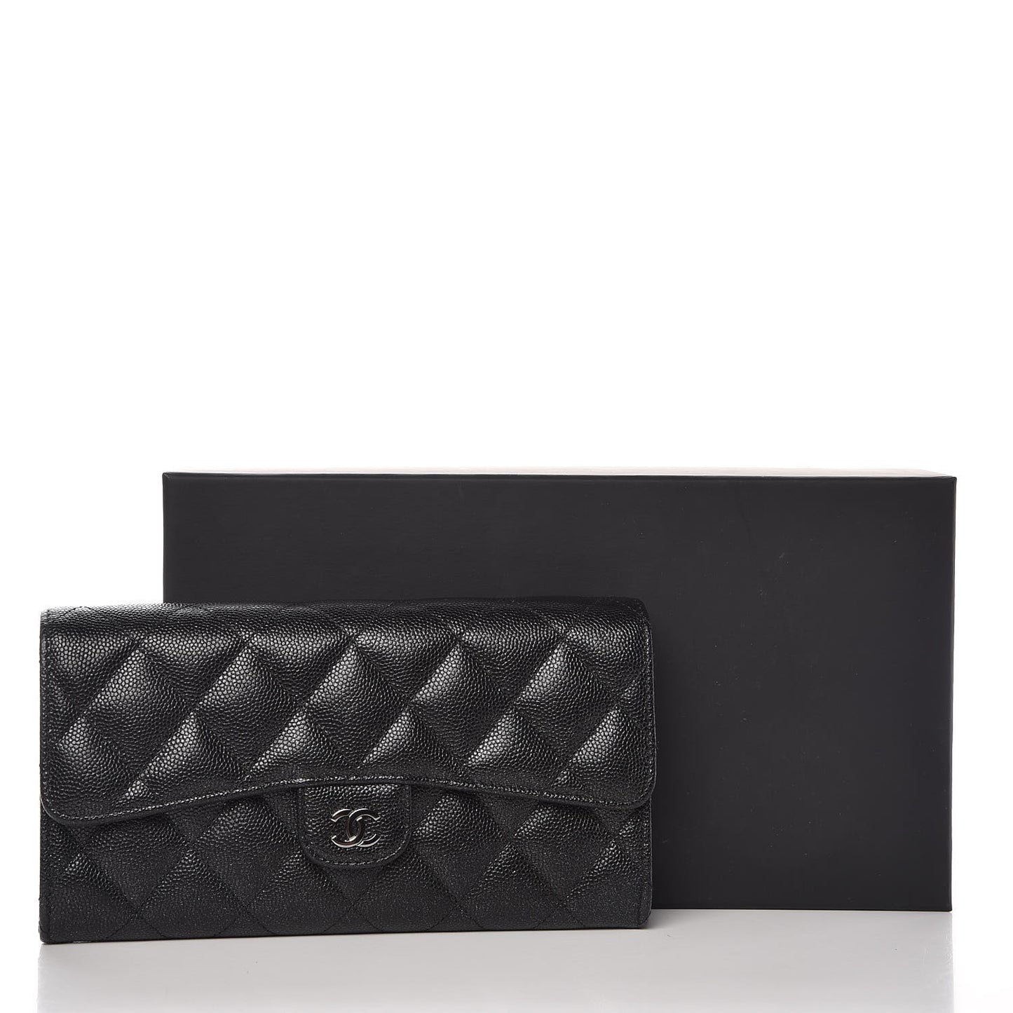 Iridescent Caviar Quilted Large Gusset Flap Wallet Black
