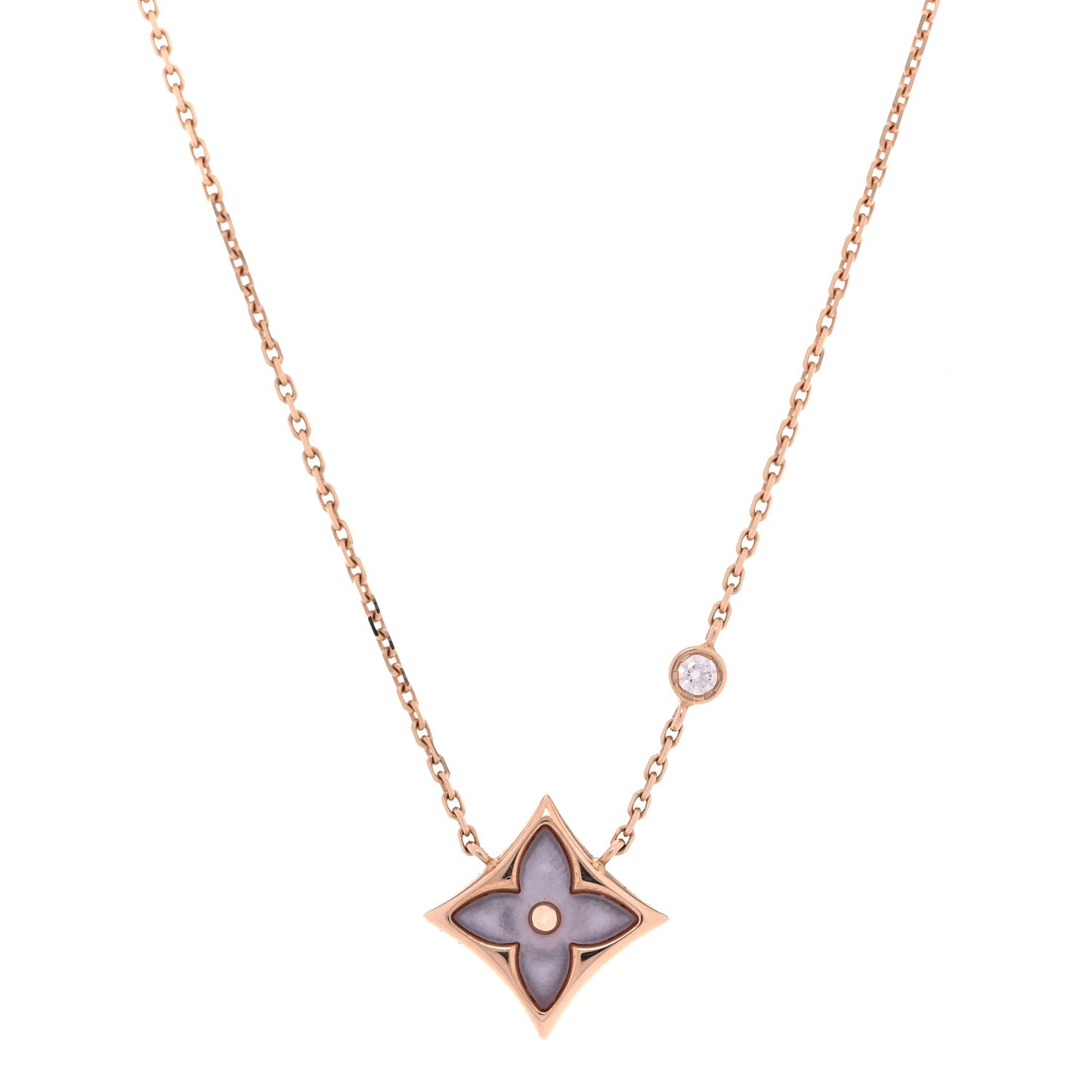 18K Pink Gold Diamond Pink Mother of Pearl Color Blossom BB Star Pendant Necklace