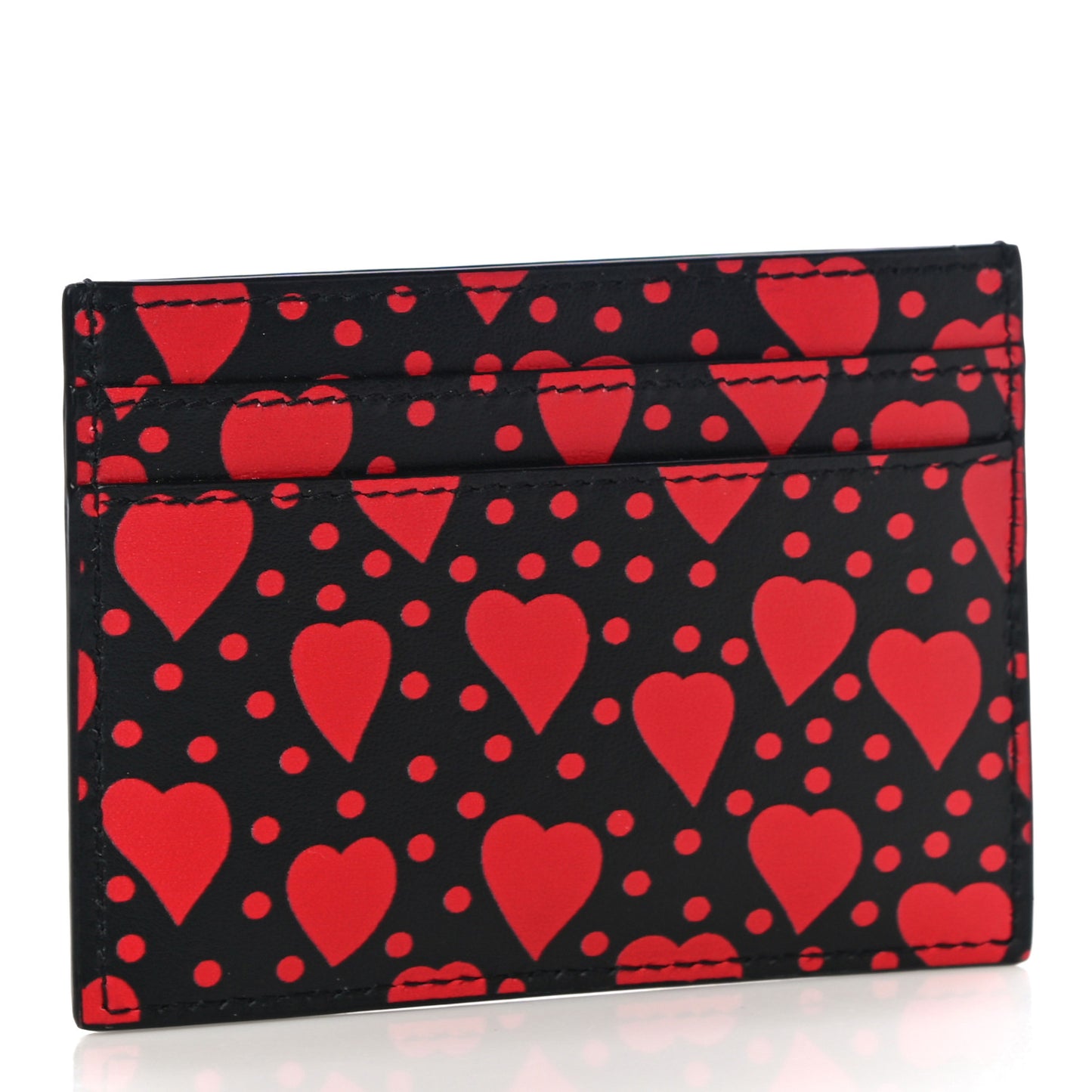 Calfskin Heart Print Monogram Credit Card Case Black Red