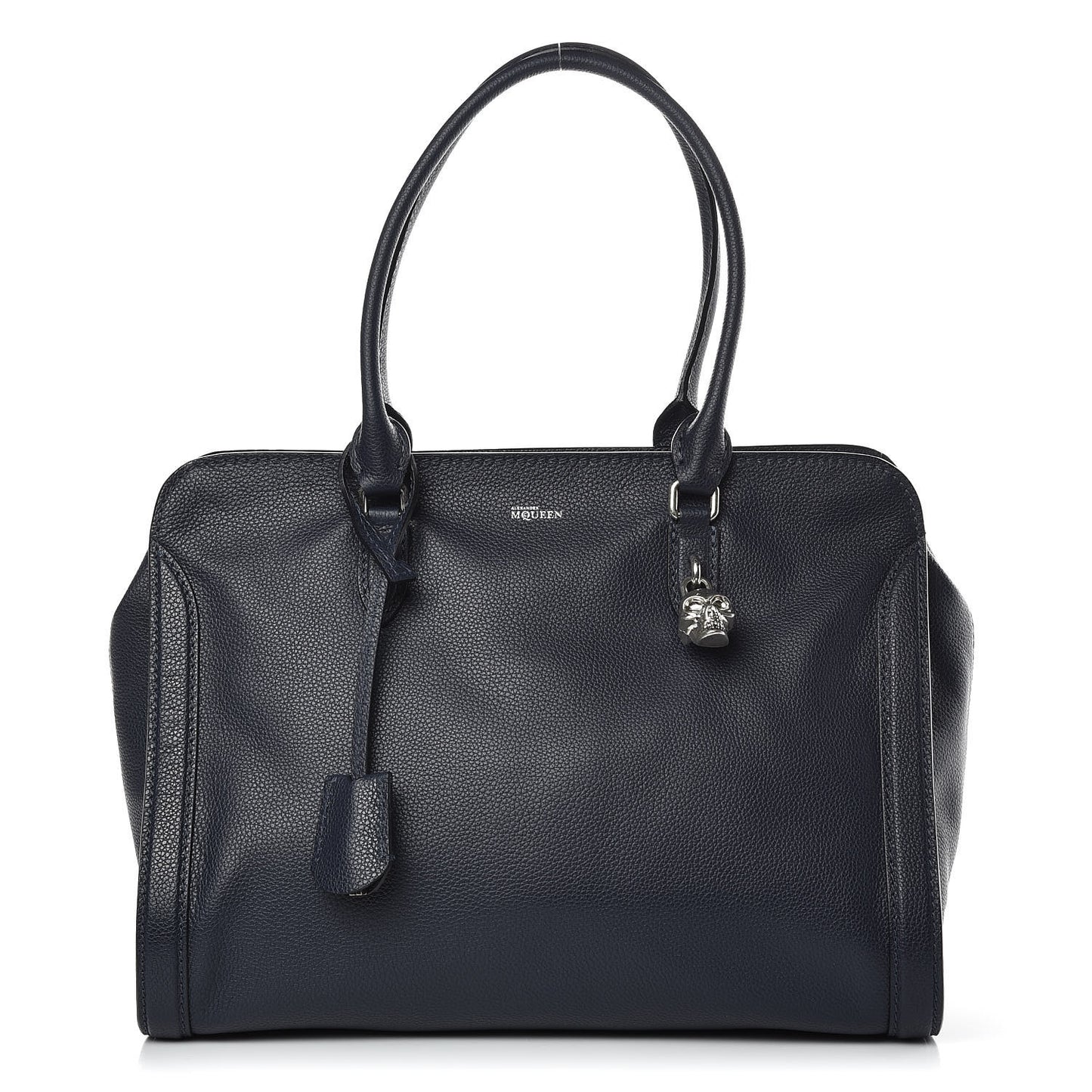 Pebbled Calfskin Large Skull Padlock Zip Around Tote Navy