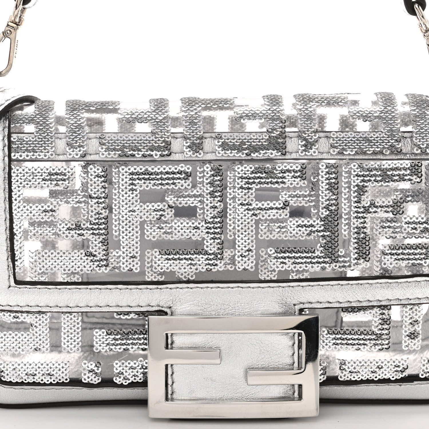 Fendi PVC Vitello Catalan Mirror Sequin FF Mini Baguette Argento 7 of 9