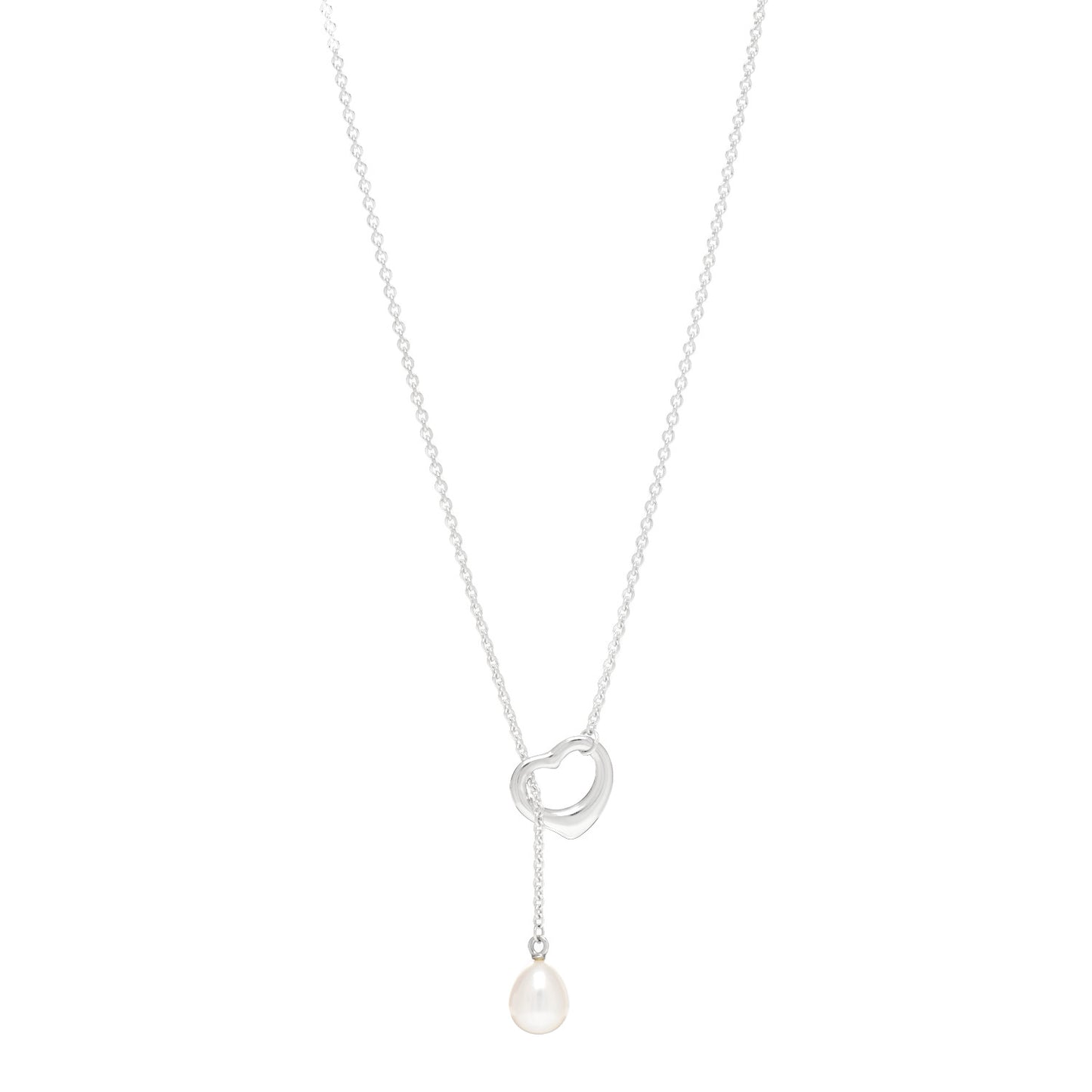 Sterling Silver Pearl 9-9.5mm Elsa Peretti Open Heart Lariat Necklace