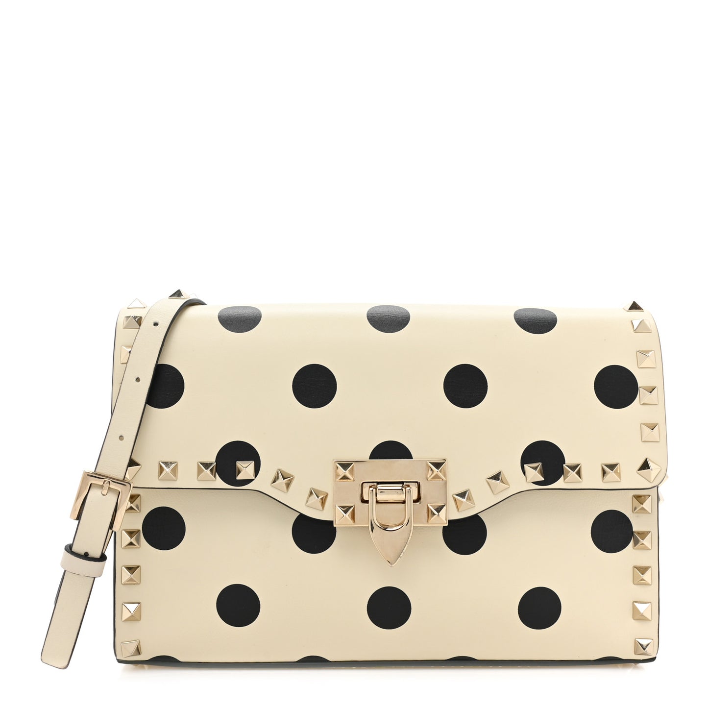 Vitello Polka Dot Medium Rockstud Flip Lock Crossbody Bag Light Ivory Black