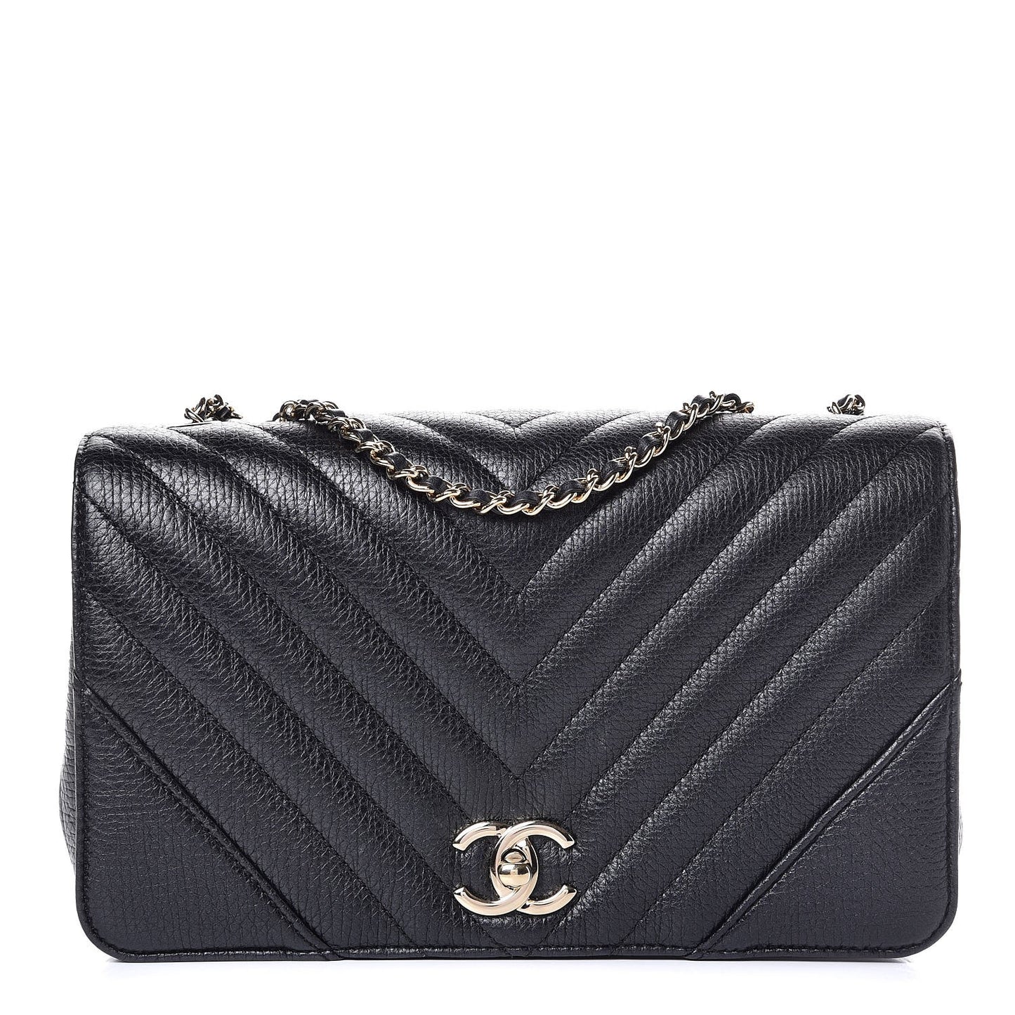 Metallic Calfskin Chevron Quilted Small Statement Flap Black