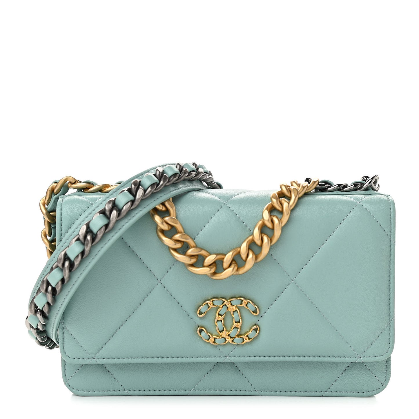 Lambskin Quilted Chanel 19 Wallet On Chain WOC Light Blue