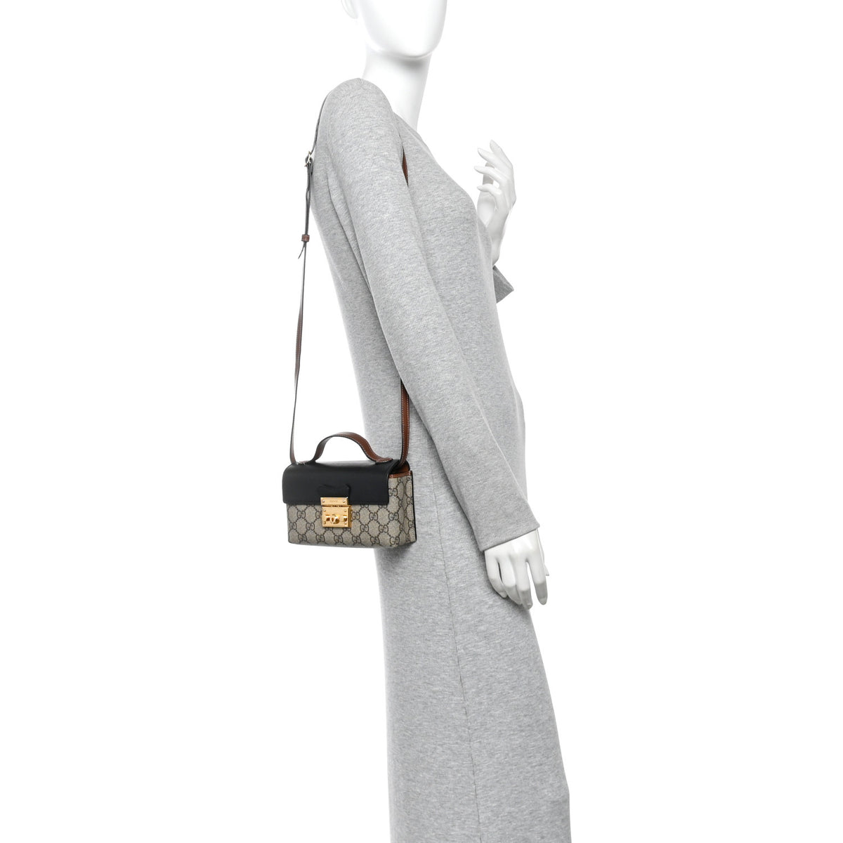 Gucci GG Supreme Monogram Calfskin Mini Padlock Top Handle Shoulder Bag Beige Black Cuir 2 of 15