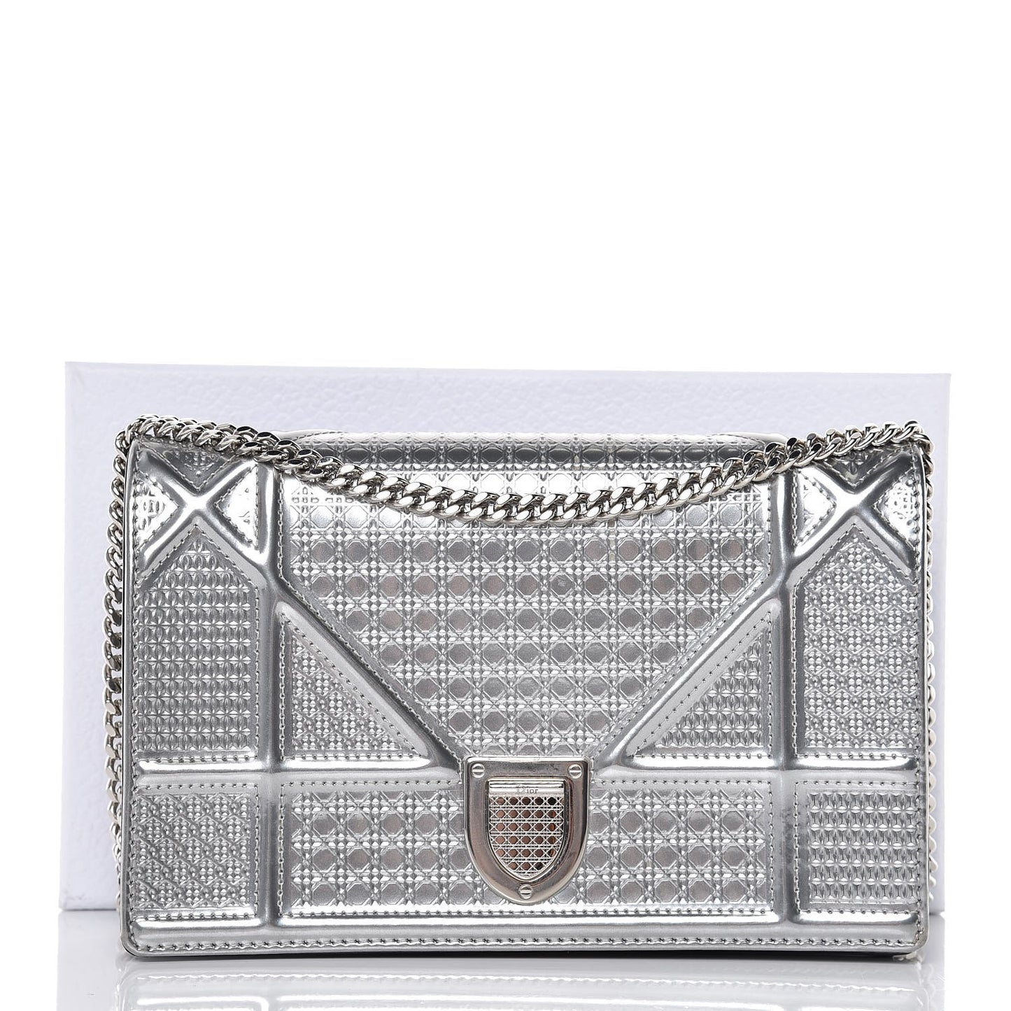 Metallic Patent Micro-Cannage Diorama Wallet on Chain Pouch Silver