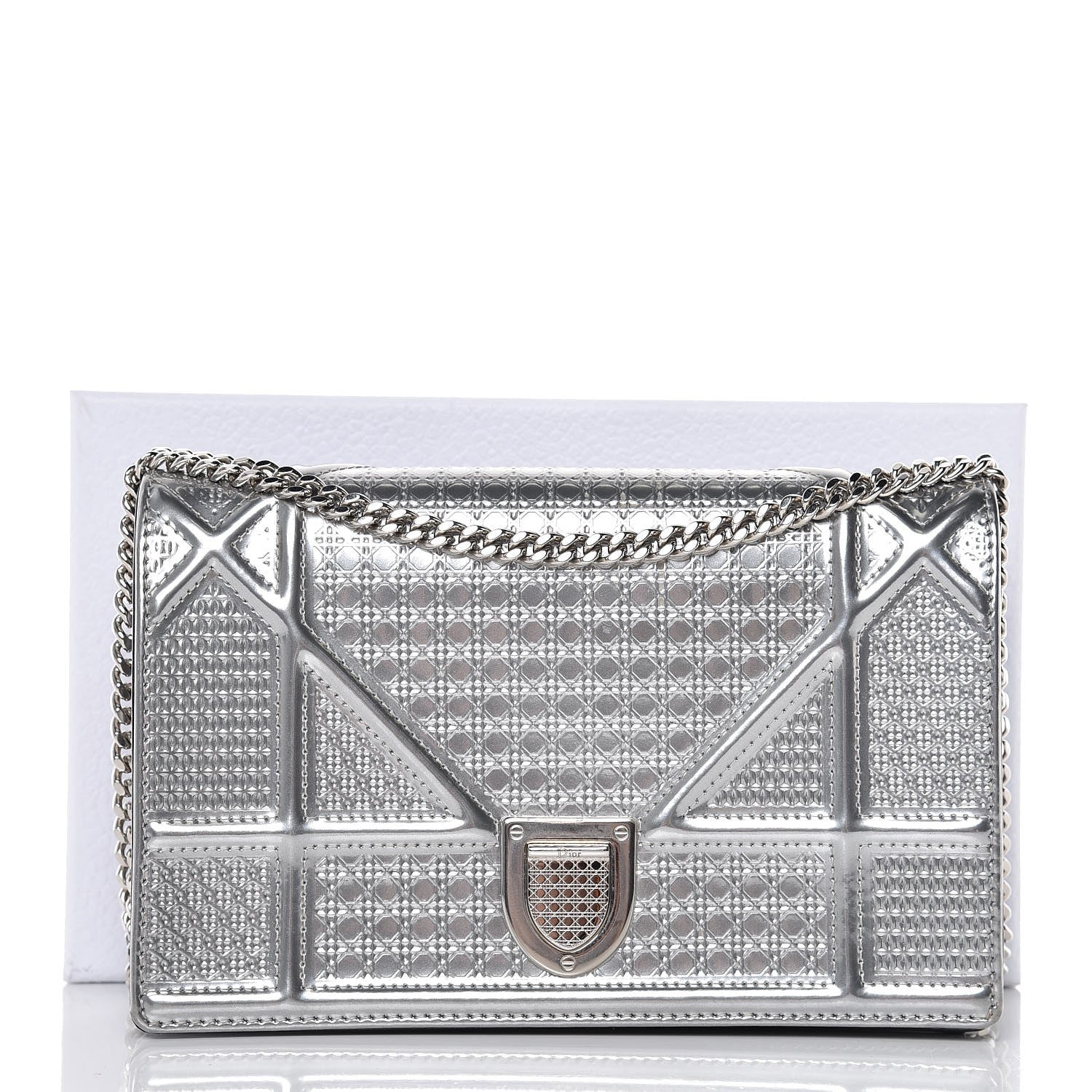 Christian Dior Metallic Patent Micro-Cannage Diorama Wallet on Chain Pouch Silver 8 of 8