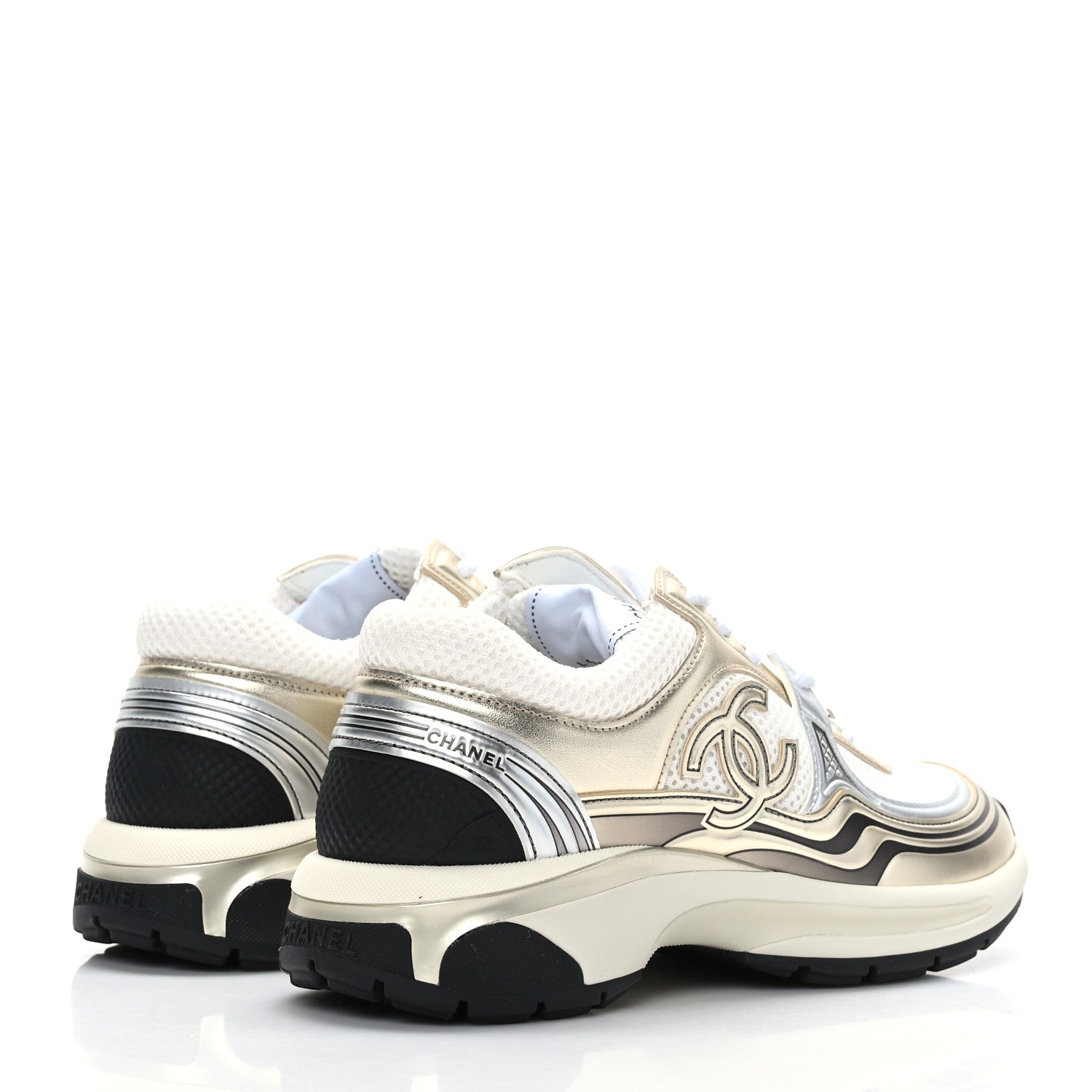 Chanel Fabric Laminated Calfskin Stretch CC Sneakers 37 White Gold Silver 4 of 7