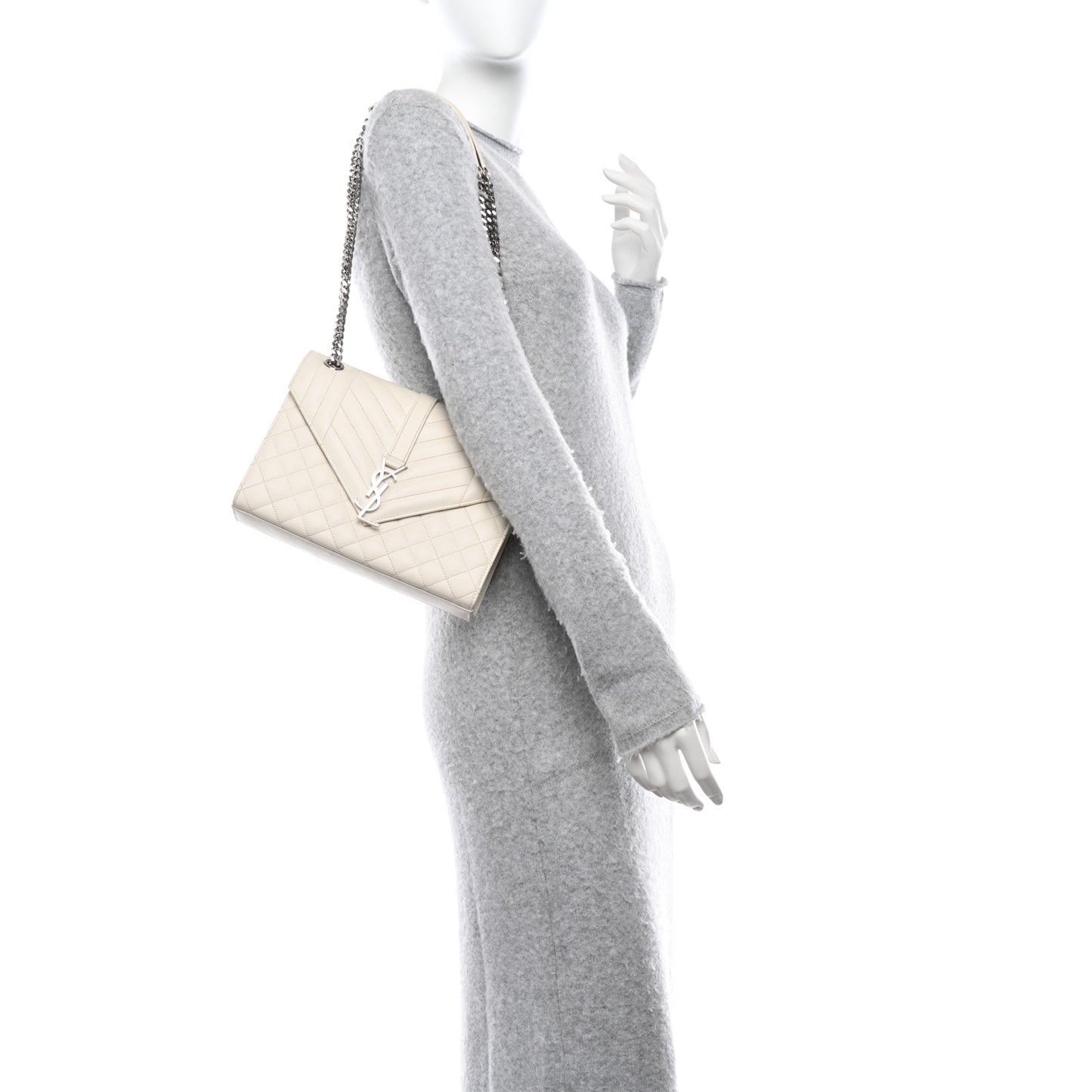 SAINT LAURENT Grain De Poudre Textured Mixed Matelasse Medium Triquilt Monogram Satchel Porcellana