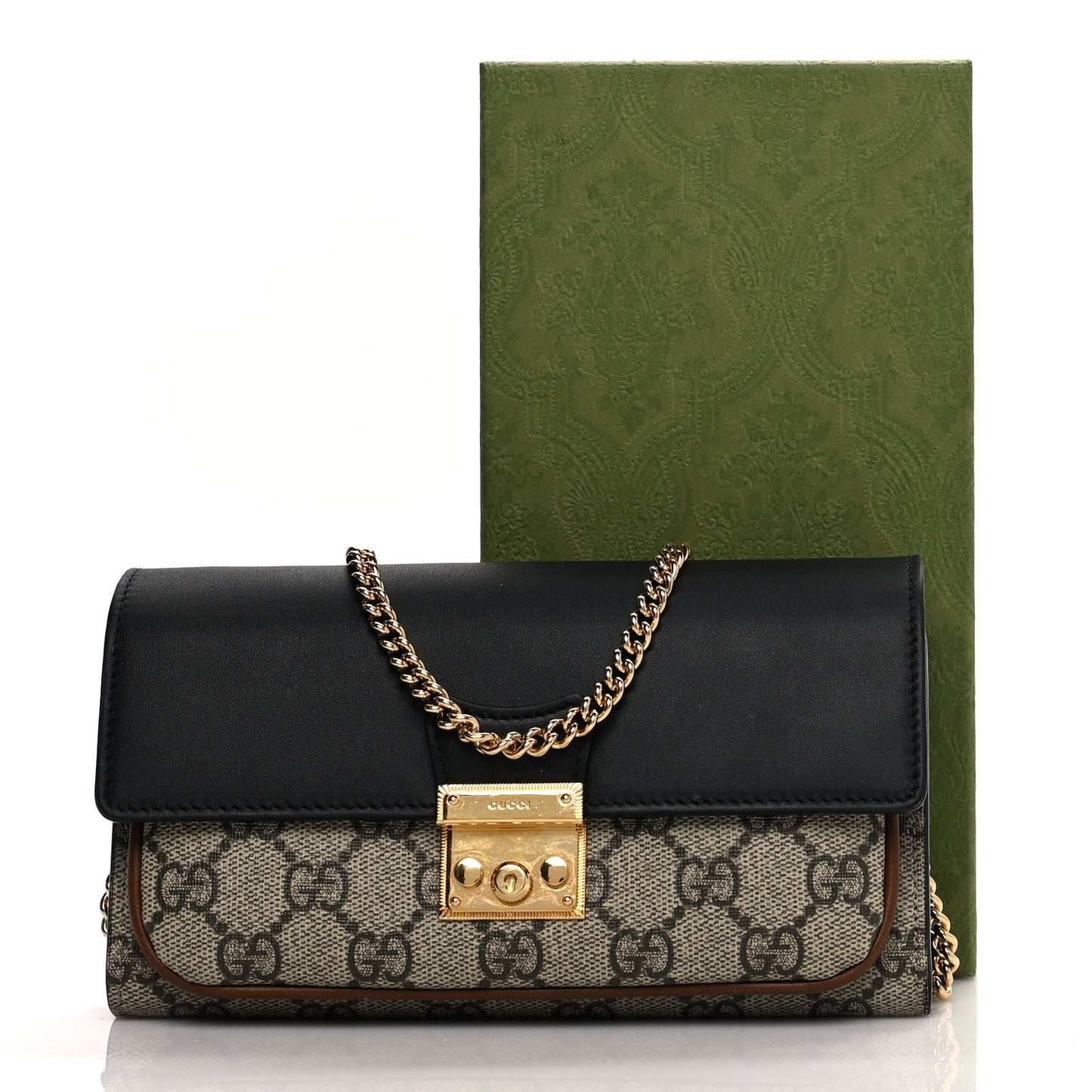 GG Supreme Monogram Calfskin Padlock Chain Wallet Beige Black Cuir