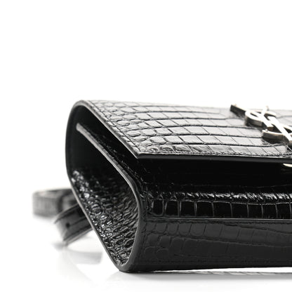 Saint Laurent Calfskin Crocodile Embossed Monogram Kate Belt Bag Black 8 of 9