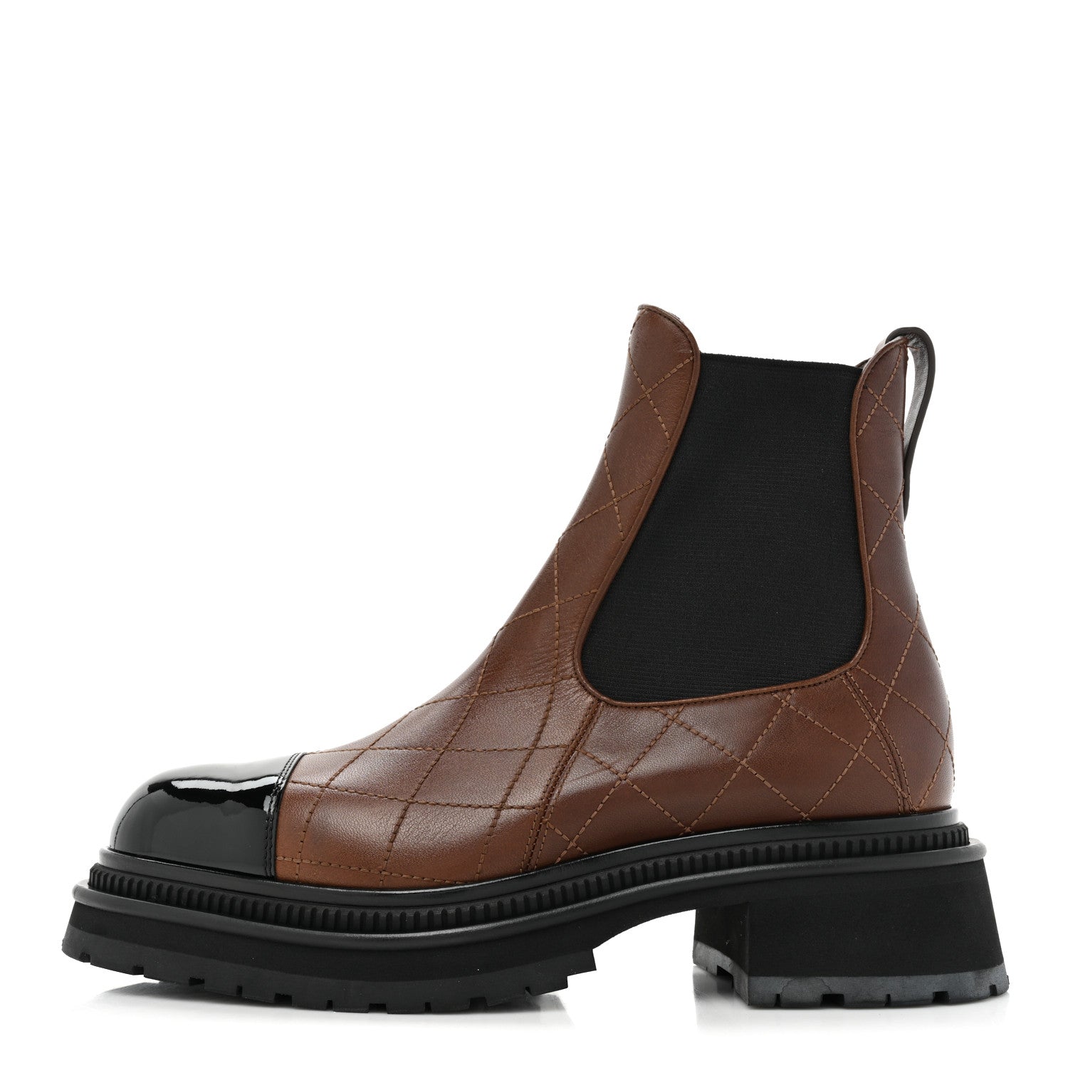 Chanel Calfskin Patent Cap Toe Quilted Short Boots 40 Brown Black 1 of 10