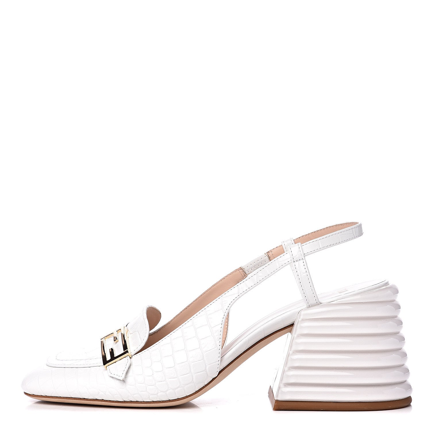 Fendi Calfskin Crocodile Embossed Promenade Slingback Loafer Pumps 38 White 1 of 8