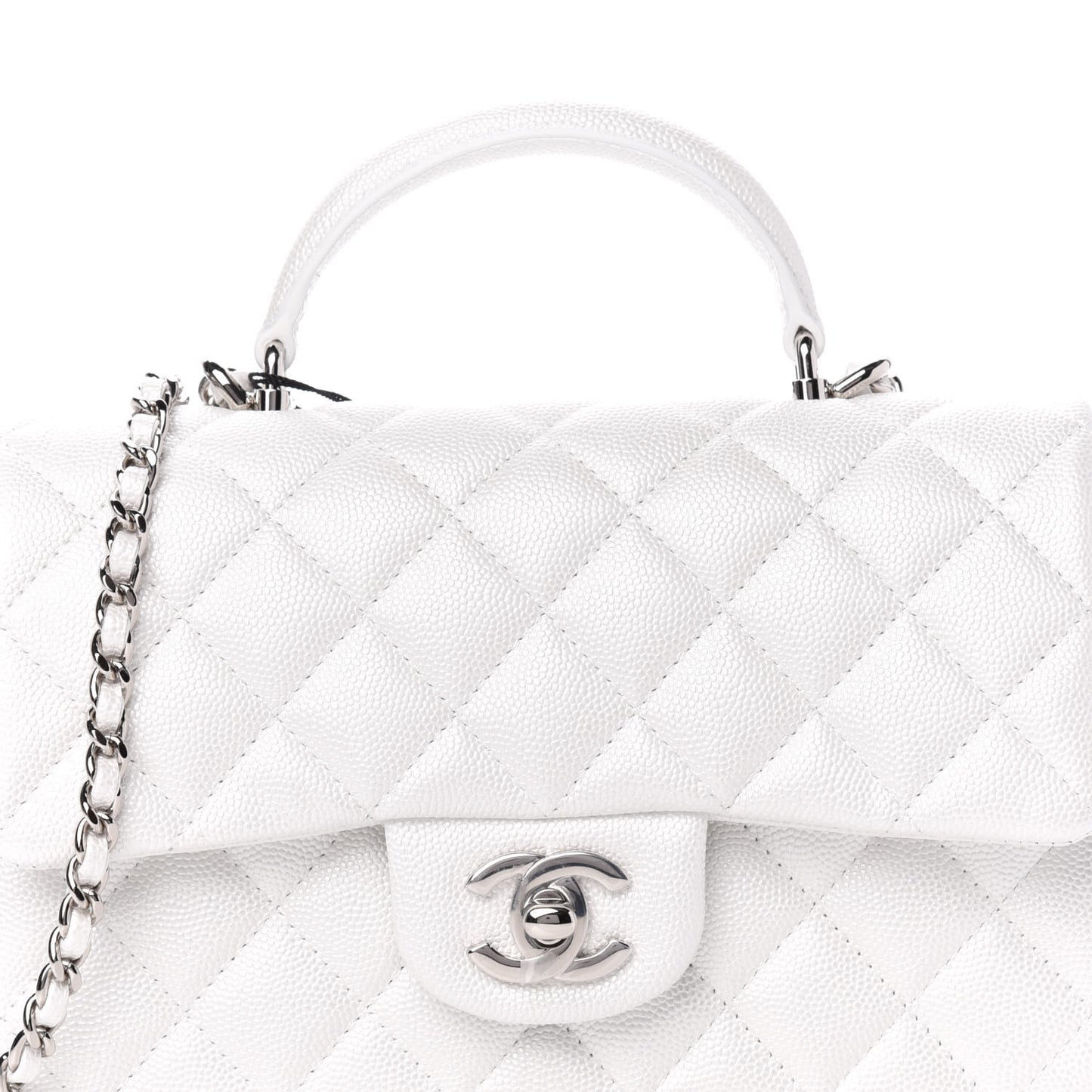 Iridescent Caviar Quilted Mini Top Handle Rectangular Flap White