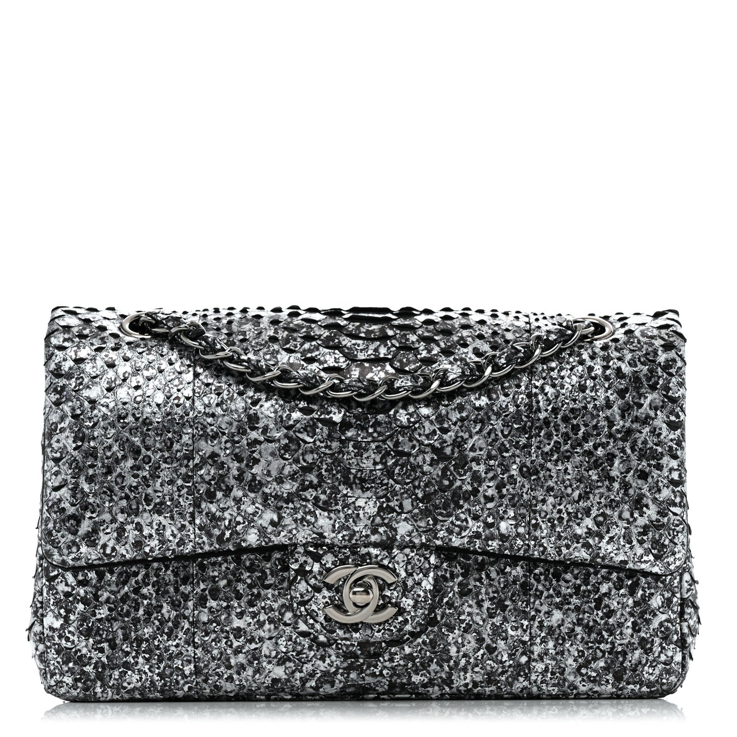 Metallic Snakeskin Medium Double Flap Black Silver