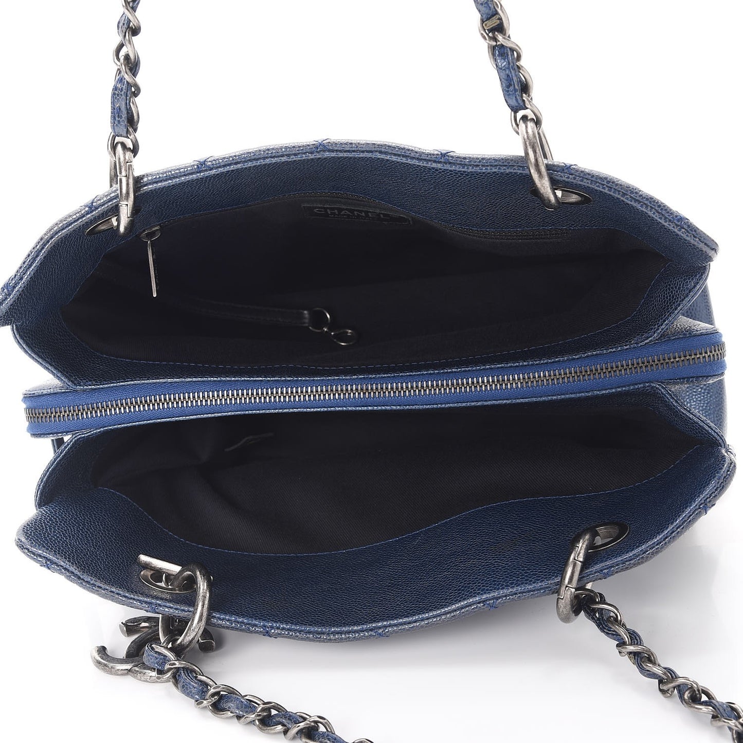Iridescent Caviar Quilted Chic Shopping Tote Dark Blue