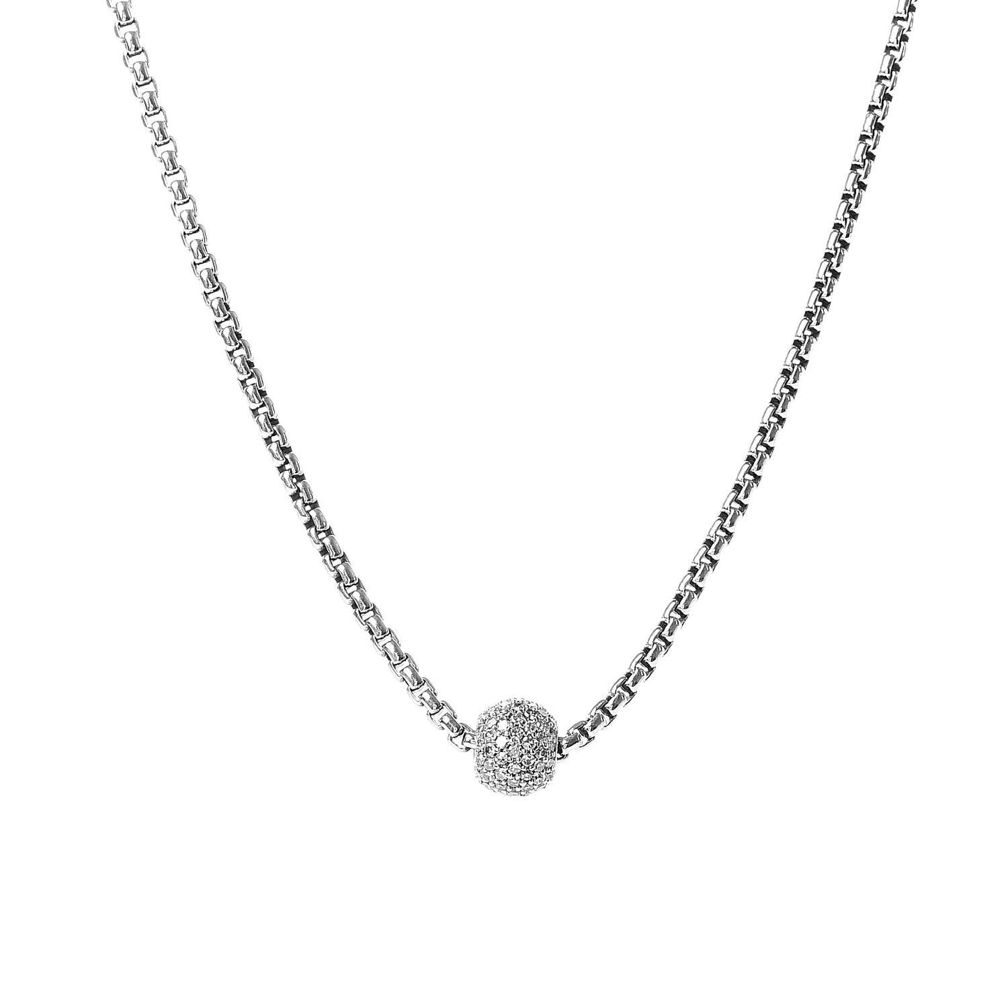 Sterling Silver 18K White Gold Diamond Pave Ball Pendant Necklace