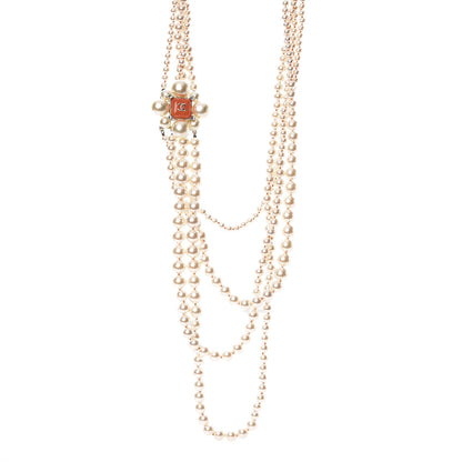 Chanel Pearl Crystal Gripoix CC Multi Strand Necklace Orange Gold 1 of 6