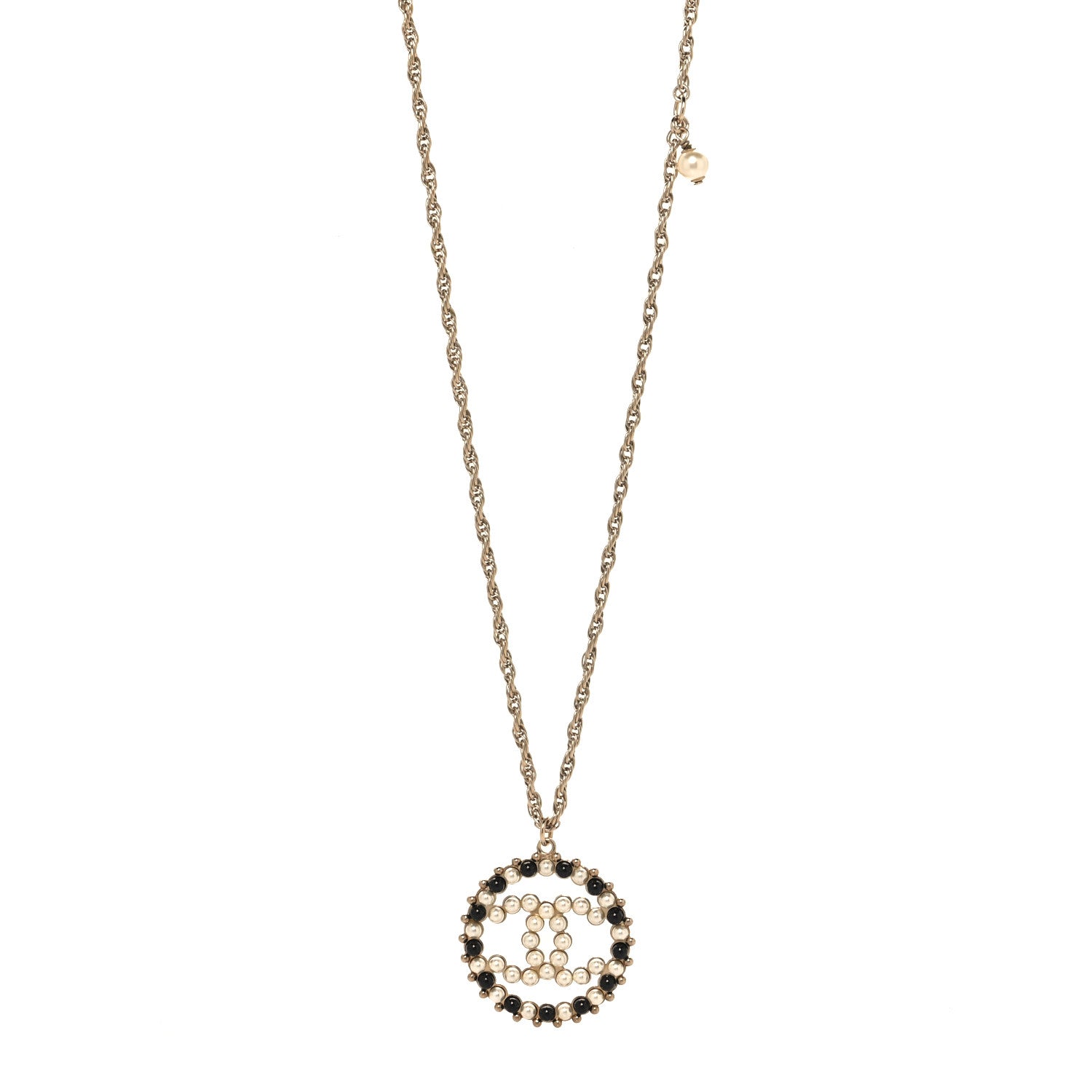 Chanel Pearl CC Round Pendant Necklace Gold Black 1 of 5