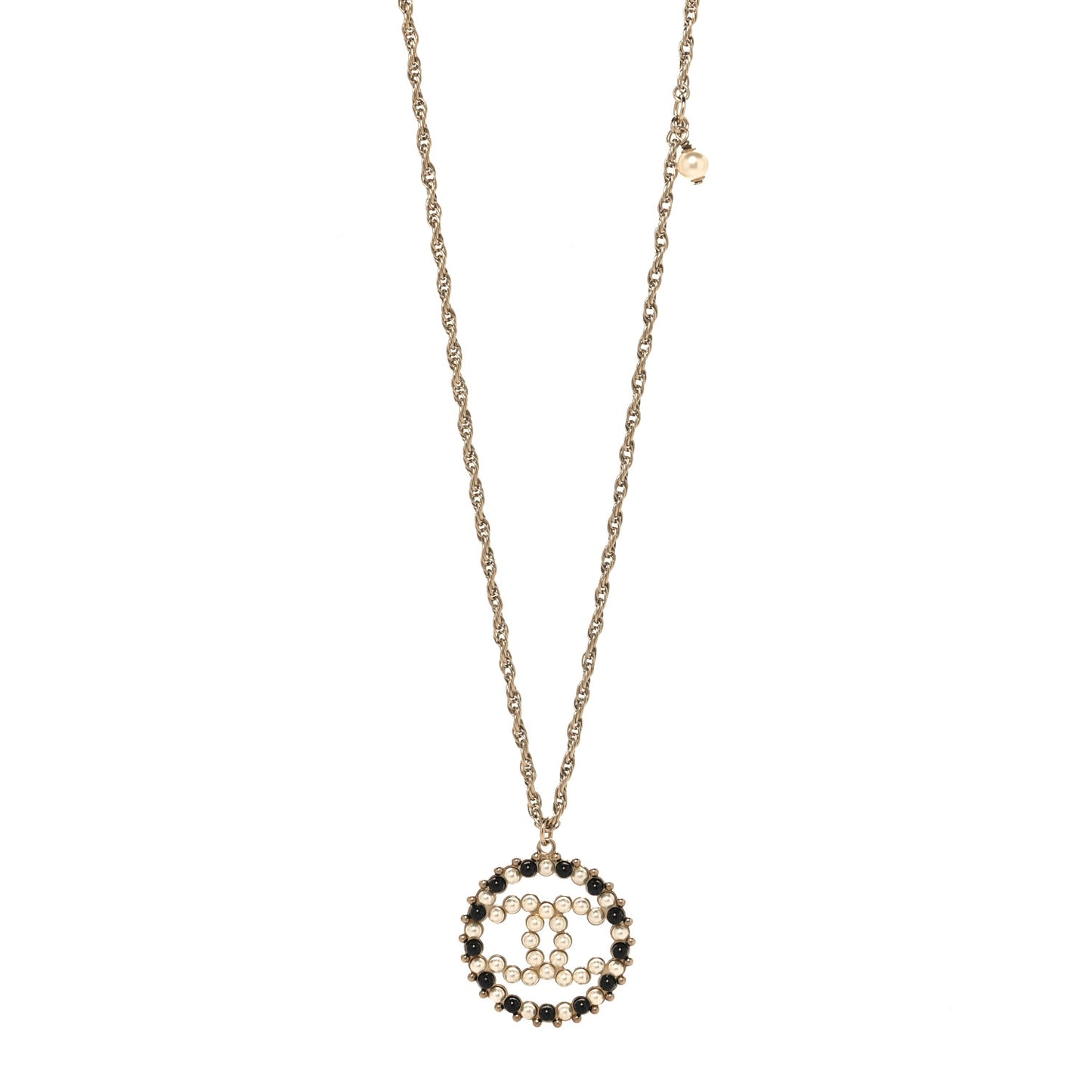 Pearl CC Round Pendant Necklace Gold Black