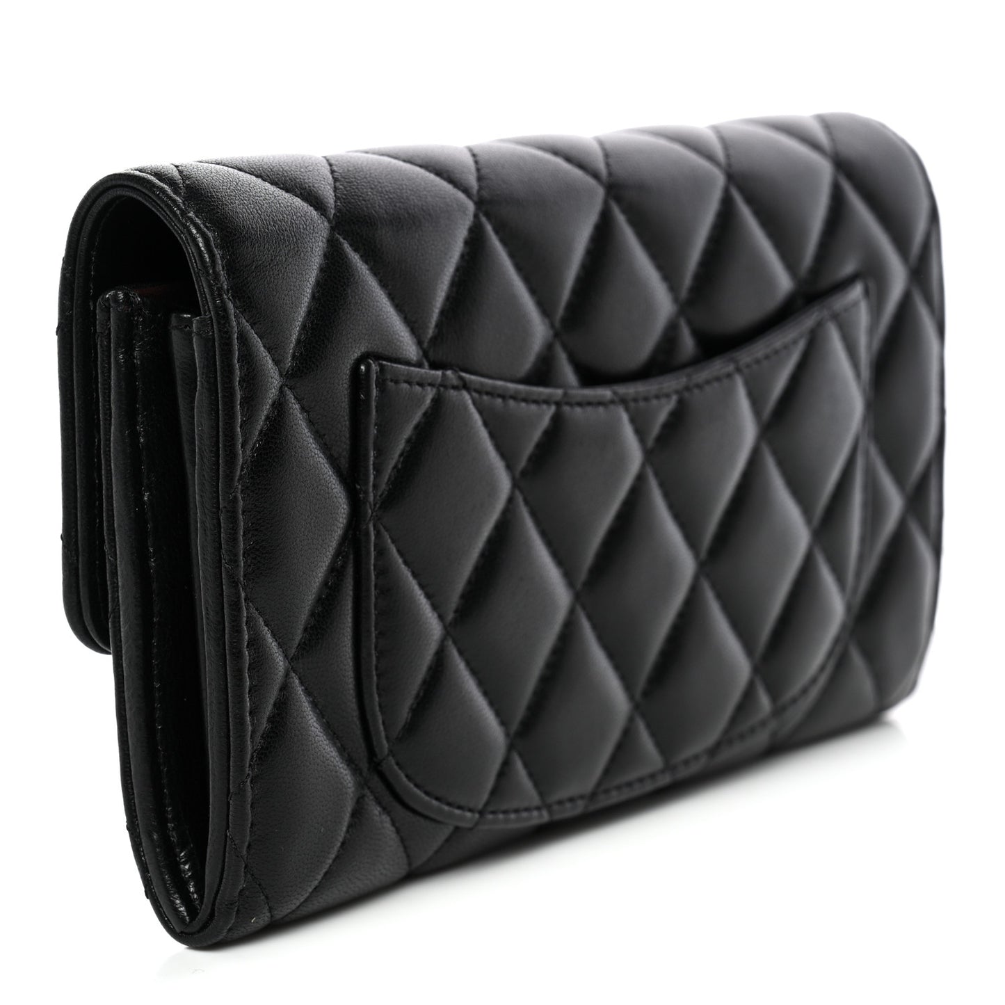 Lambskin Quilted Large Gusset Flap Wallet Black
