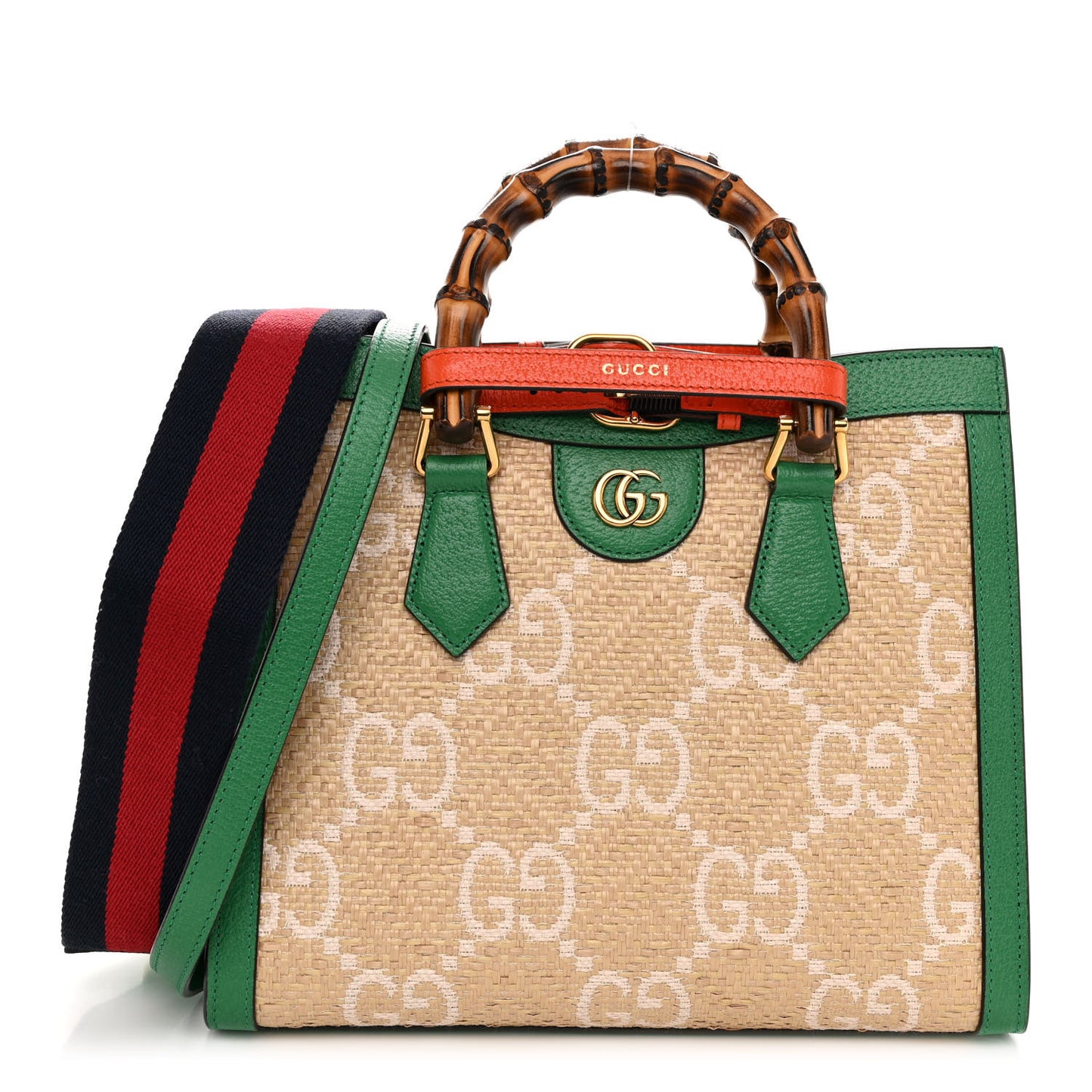 Raffia Textured Dollar Calfskin Web GG Monogram Small Diana Tote Bag Natural White New Shamarock Deep Orange